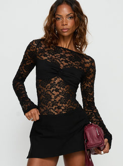 front view of model wearing Princess Polly Anjolene Lace Wrap Bust Bodysuit Black Long Sleeve Tops 