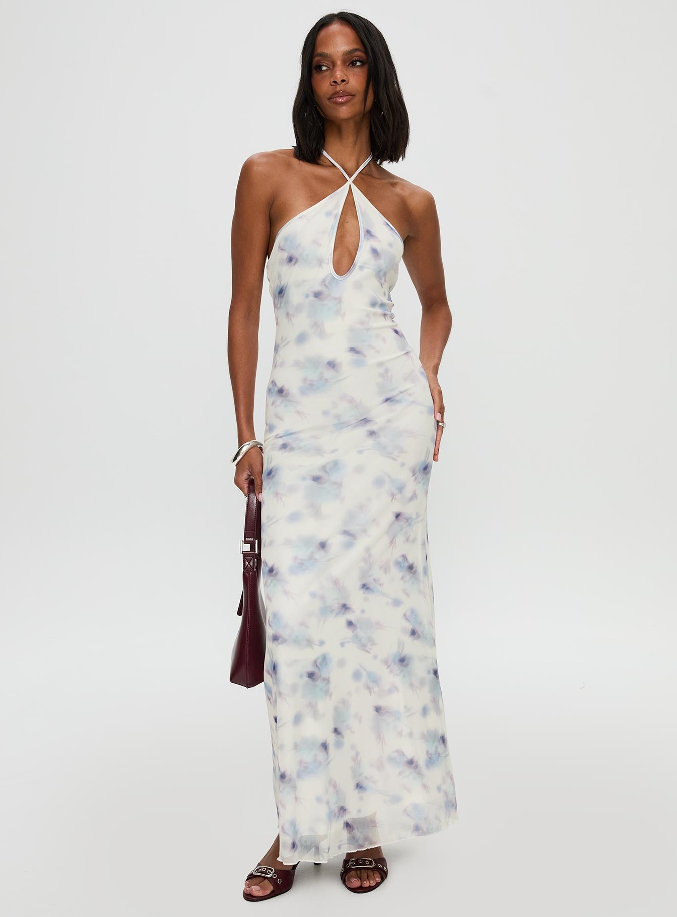 front view of model wearing Princess Polly Walk On Water Halter Maxi Dress White Plunger 