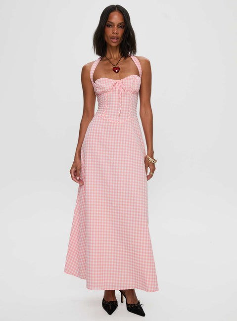 pink and white halter dress Red Dress | Pink Stripe Cotton Floral Hem Halter Maxi Dress