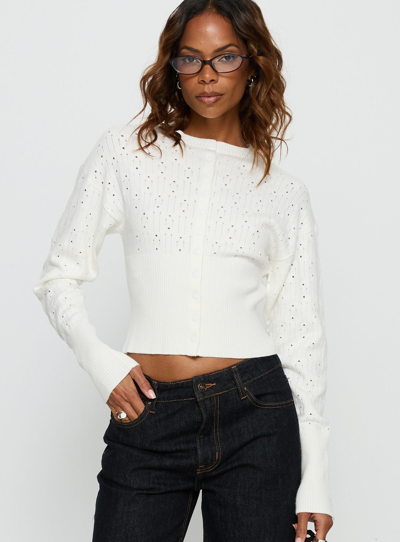 front view of model wearing Princess Polly Head In The Clouds Cardigan Cream cropped