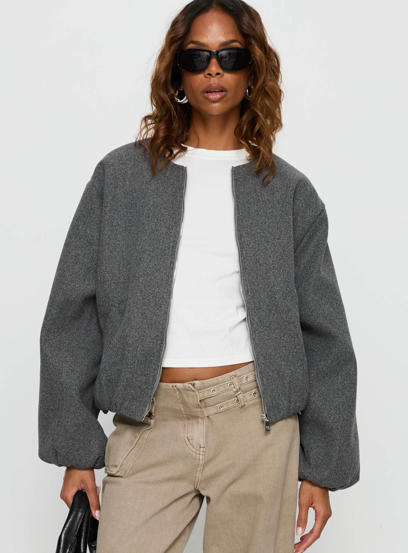 Karletta Cropped Bomber Jacket Grey | Princess Polly