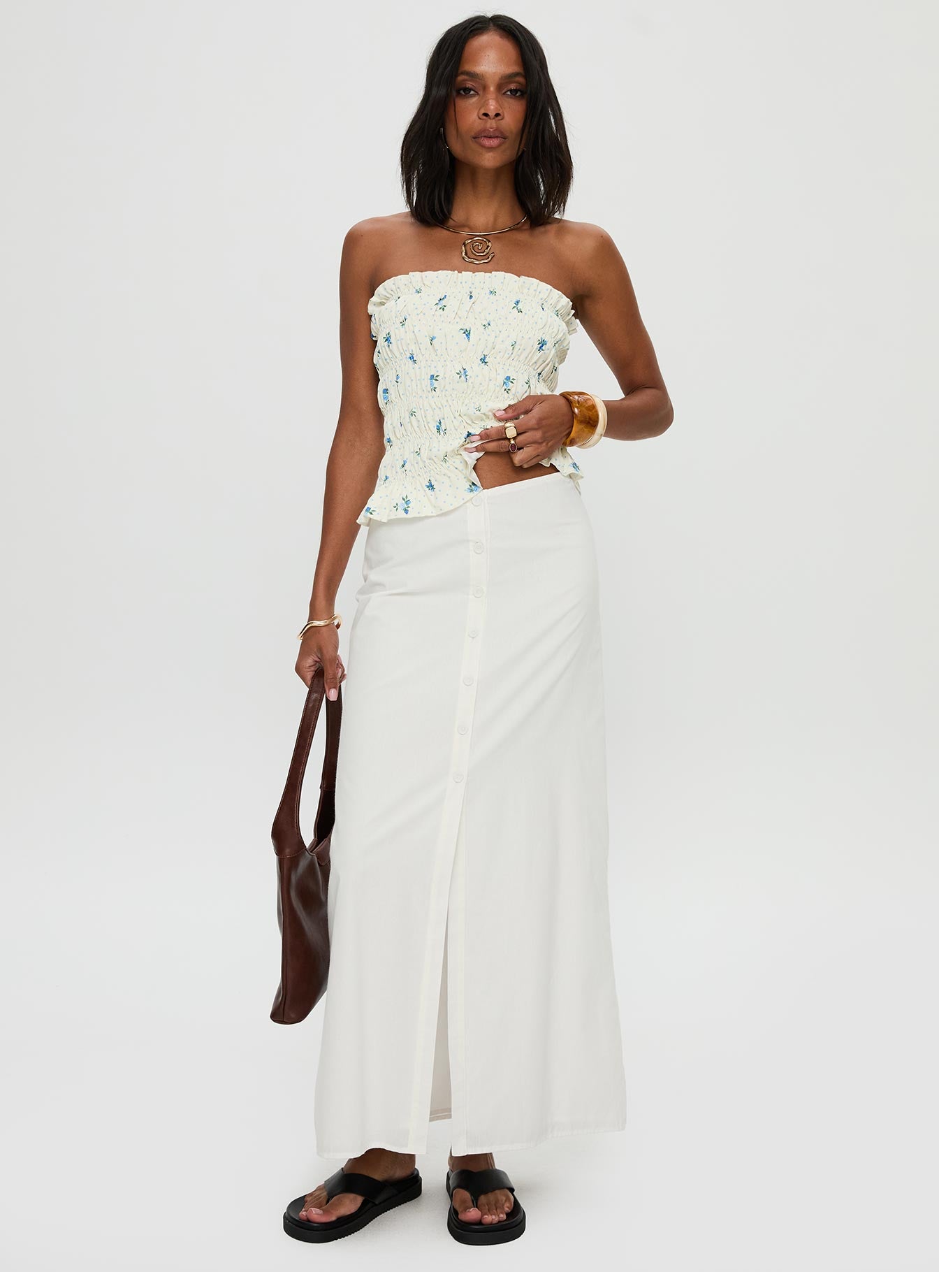  front view of model wearing Princess Polly Jasmira Maxi Skirt White Maxi 