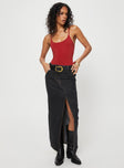 Denim maxi skirt, mid rise, black denim Belt looped waist, zip and button fastening, five pocket design, high slit at front Non-stretch, unlined 