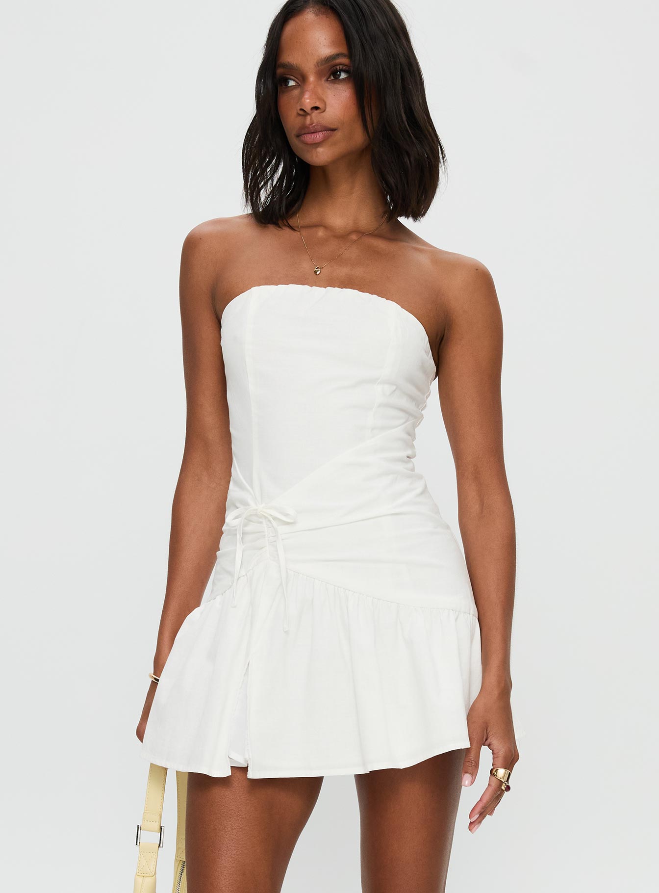 front view of model wearing Princess Polly Archetype Strapless Mini Dress White Straight Neck 