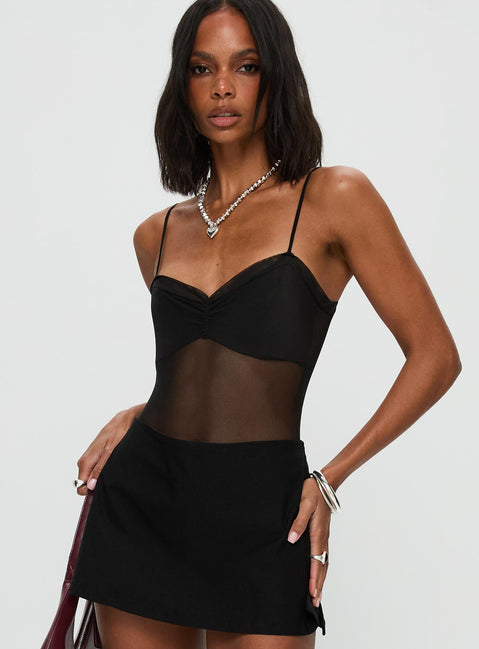 bodysuit dress black Sheer Embellished Bodysuit Corset Mini Dress in Black - 6 / Regular