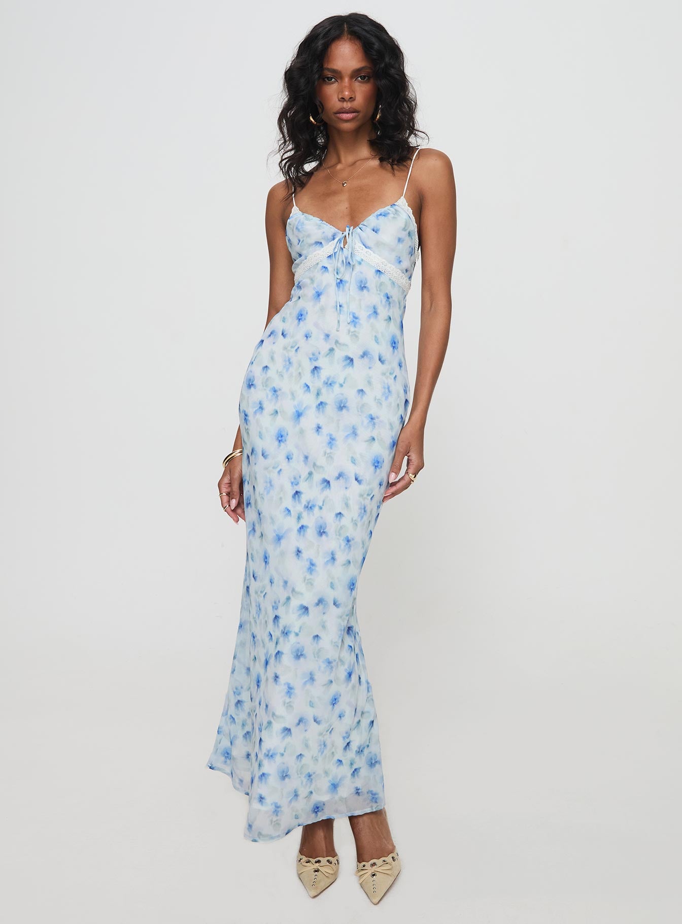 front view of model wearing Princess Polly Emily Maxi Dress Blue Floral V-Neck 