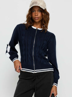 front view of model wearing Princess Polly Tevyn Cable Knit Zip Through Knit Sweater Blue / Cream Cropped Jumpers 