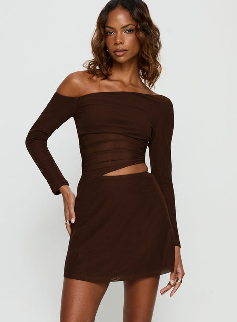 Fade To Black Off Shoulder Long Sleeve Mini Dress | Chocolate | Womens | Princess Polly Lower Impact Fade To Black Off Shoulder Long Sleeve Mini Dress | Chocolate | Womens | Princess Polly Lower Impact