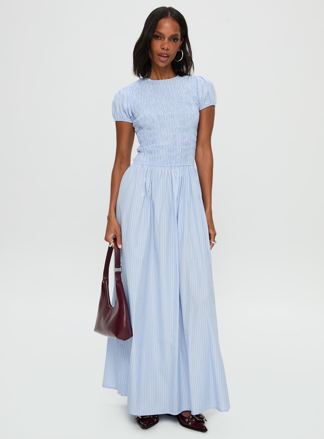 Wendelin Shirred Maxi Dress Blue Stripe | Princess Polly