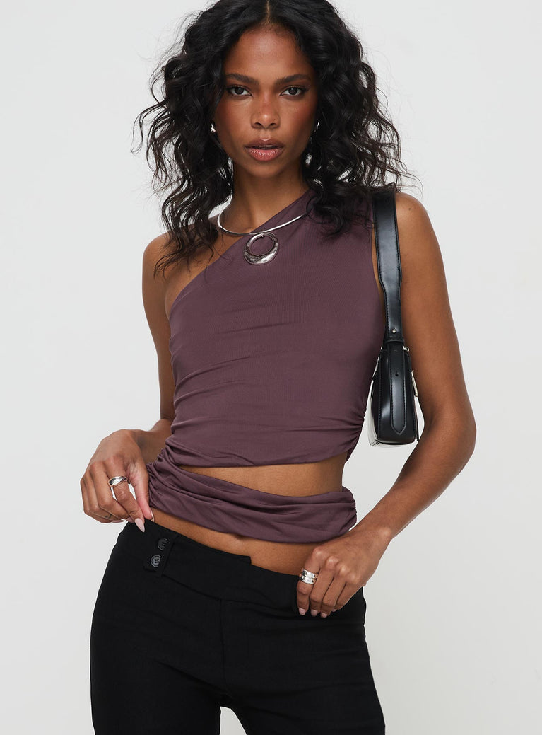 front view of model wearing Princess Polly Blizzard Top Purple Sleeveless Asymmetric Neckline 