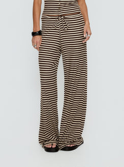 front view of model wearing Princess Polly Gavrielle Jersey Wide Leg Pants Chocolate / Cream Stripe Mid Rise Pants 
