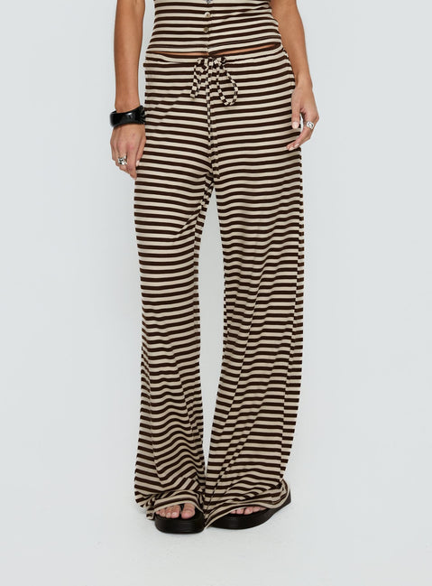 front view of model wearing Princess Polly Gavrielle Jersey Wide Leg Pants Chocolate / Cream Stripe Mid Rise Pants 