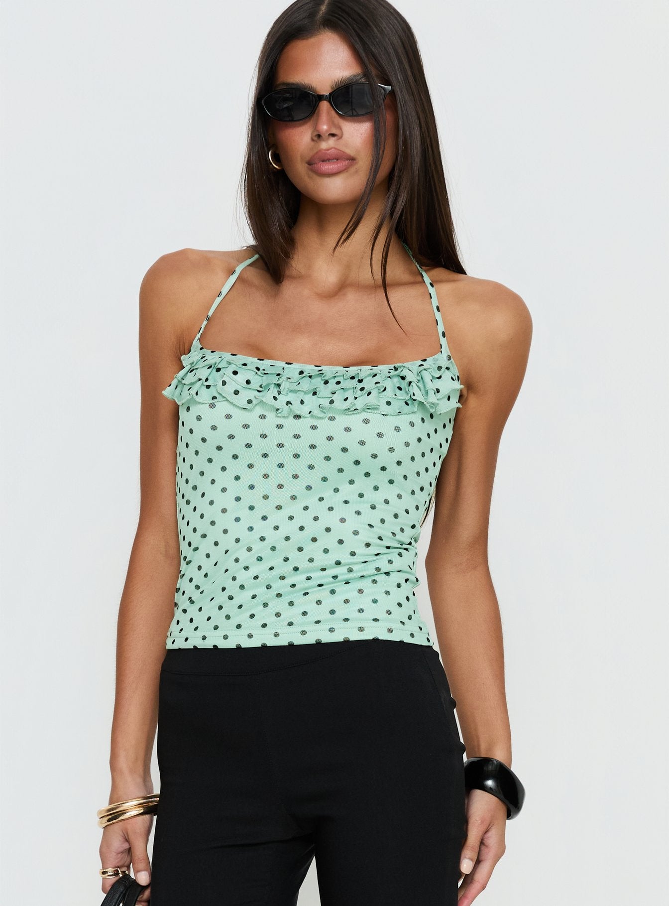 Days Of Summer Ruffle Top Mint Polka