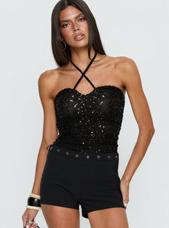 front view of model wearing Princess Polly Edana Ruched Sequin Bodysuit Black Sleeveless 