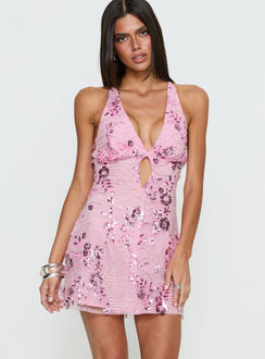 Steffie Beaded Backless Mini Dress Pink