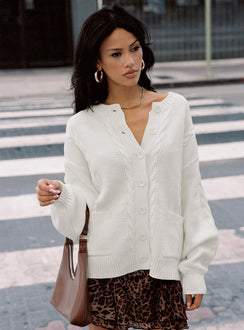 front view of model wearing Princess Polly Aldgate Knit Cardigan Ivory Long 