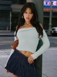 side view of model wearing Princess Polly Coecoe Off The Shoulder Sweater Grey Cropped 