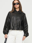 Faux leather bomber jacket Classic collar, drop shoulder, twin hip pockets, elasticated cuffs, drawstring toggle waist, zip fastening down front Non-stretch, fully lined 