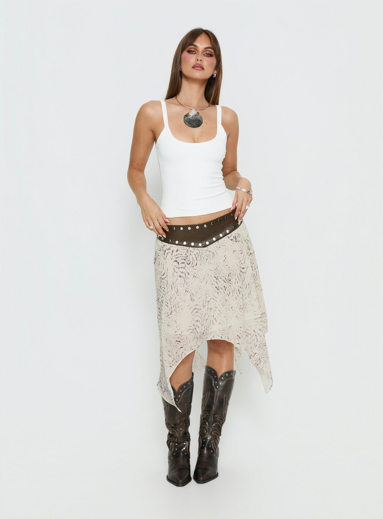   front view of model wearing Princess Polly Dark Mirage Asymmetrical Midi Skirt Multi Midi Skirts 