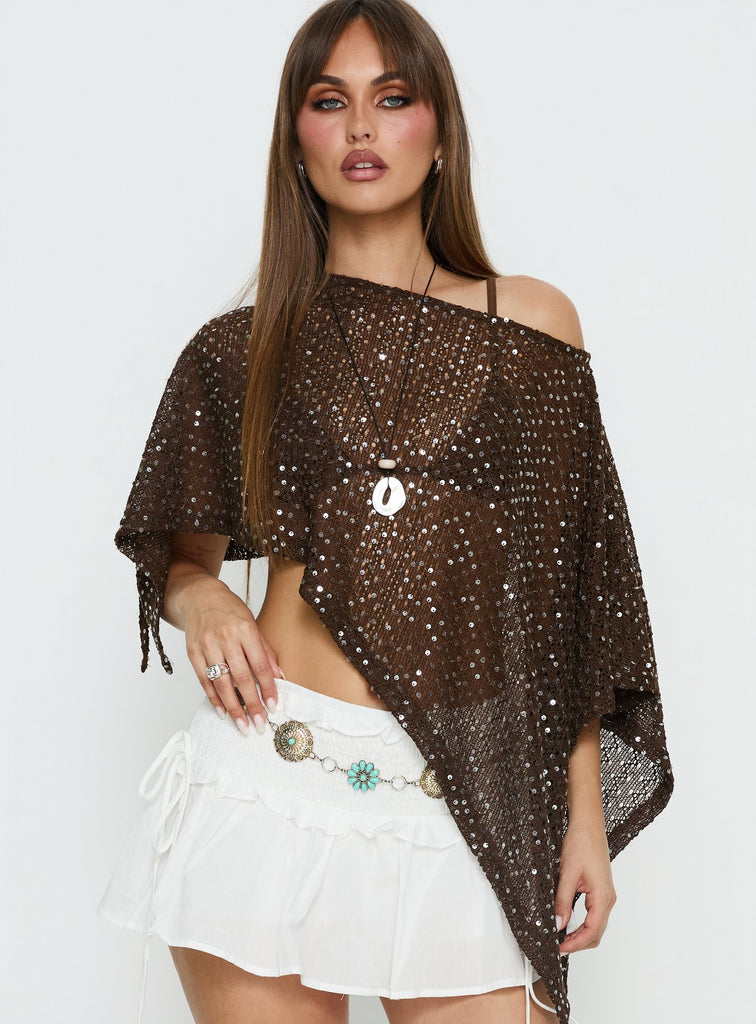 Grotto Asymmetrical Boat Neck Poncho Blue Sparkle | Princess Polly