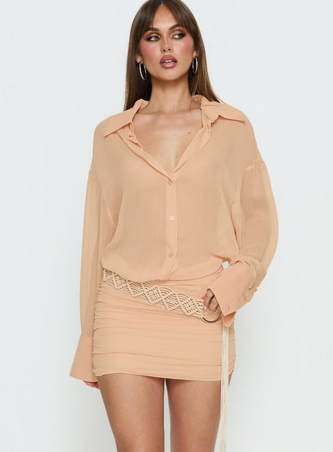 Moonrising Long Sleeve Sheer Blouson Mini Dress Soft Orange | Princess Polly Moonrising Long Sleeve Sheer Blouson Mini Dress Soft Orange | Princess Polly
