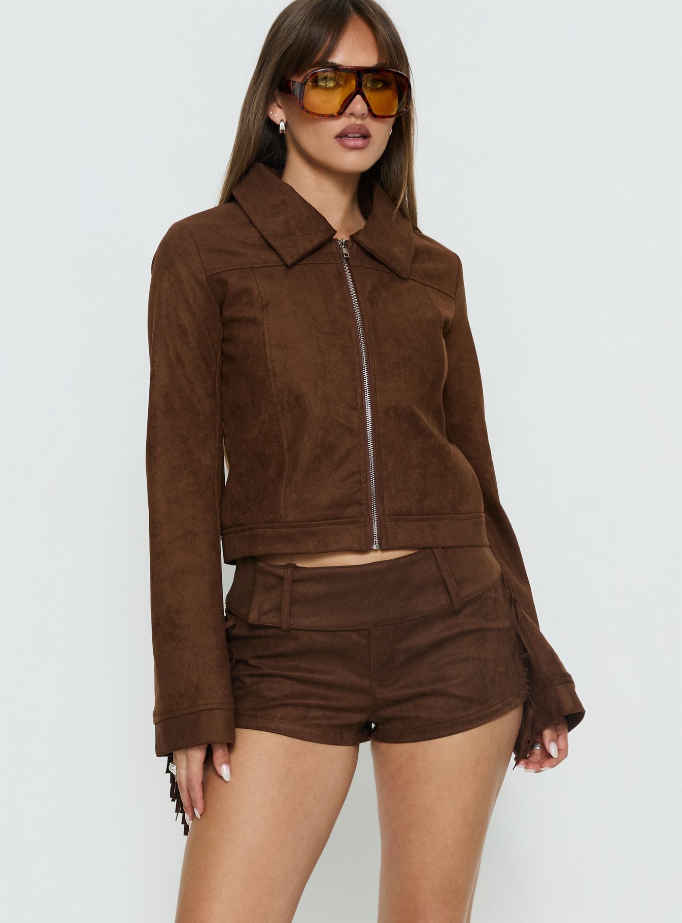 Noemi Faux Suede Fringe Micro Short Chocolate | Princess Polly