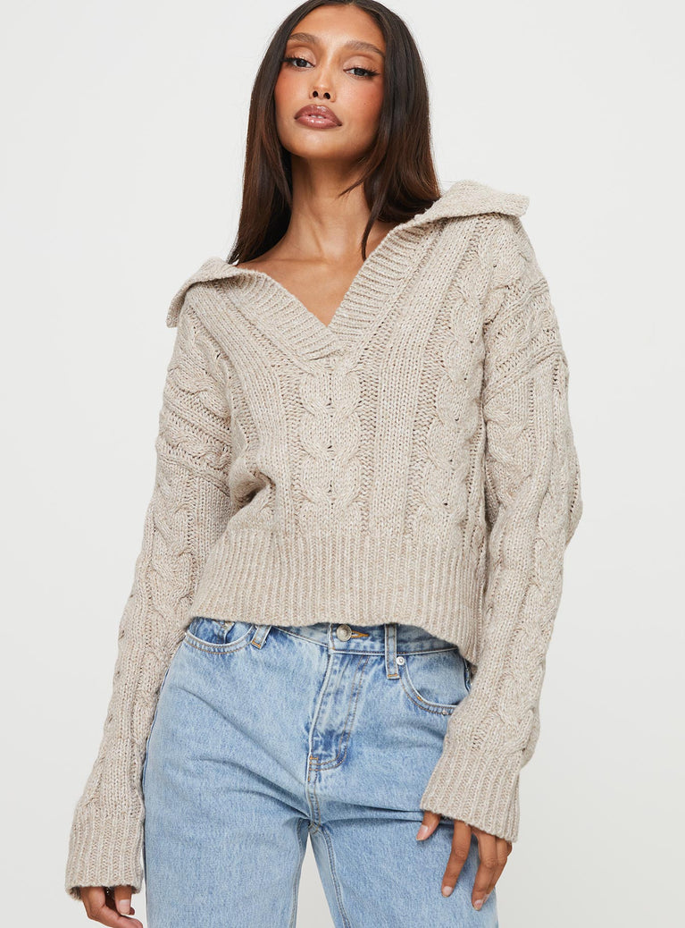 Libertee Collared Cable Sweater Beige Princess Polly  regular 