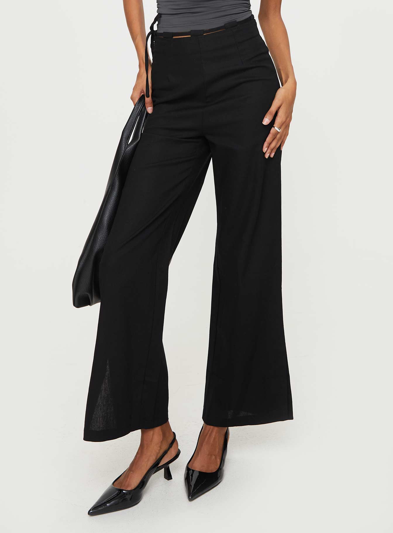 Threaded waistband low waist pant black