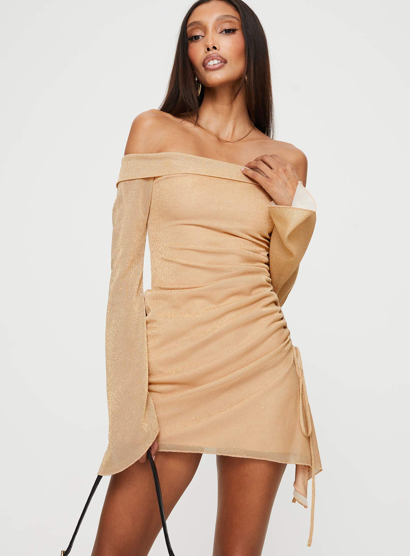 Villar off the shoulder mini dress gold