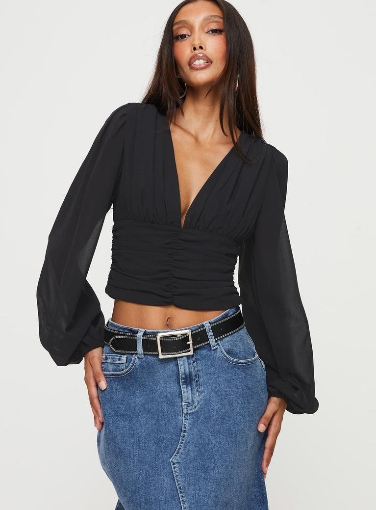 Long Sleeve Top  V-neckline, sheer mesh sleeves, ruching detail throughout  Invisible zip fastening at side, elasticated sleeves