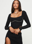 Long Sleeve Top Square neckline, boning at waist, diamonte detail around bust  Elasticated shoulders and back, crop style  Inner silicone strip at shoulders, zip fastening at back