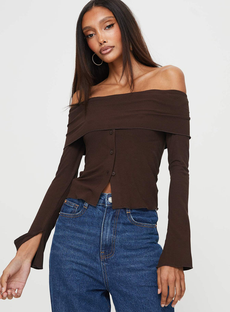 Off-the-shoulder top Long Sleeves with split at hem, folded neckline, ribbed knit-like material Elasticated neckline, button fastening at front 