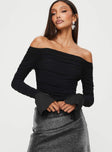 Long sleeve top Slim fitting, mesh material, off the shoulder design Ruched throughout, inner silicone strip at neckline