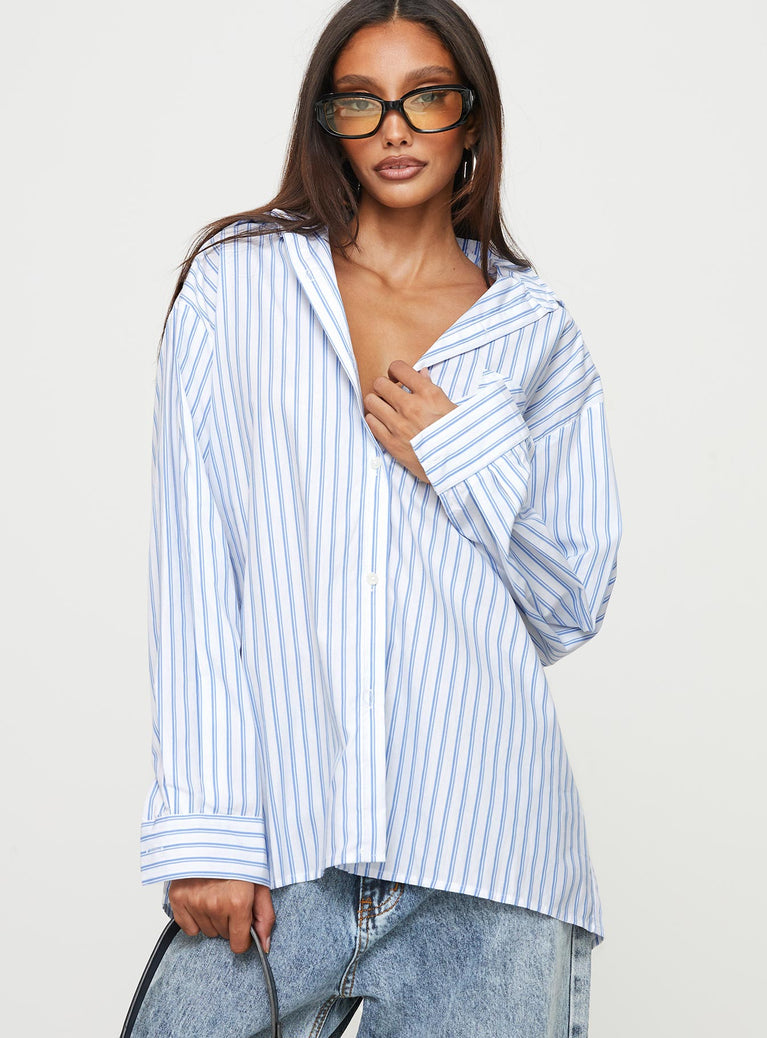 Blue and white Long sleeve striped shirt Classic collar, single chest pocket, curved hem, button fastening at front, single button cuff 