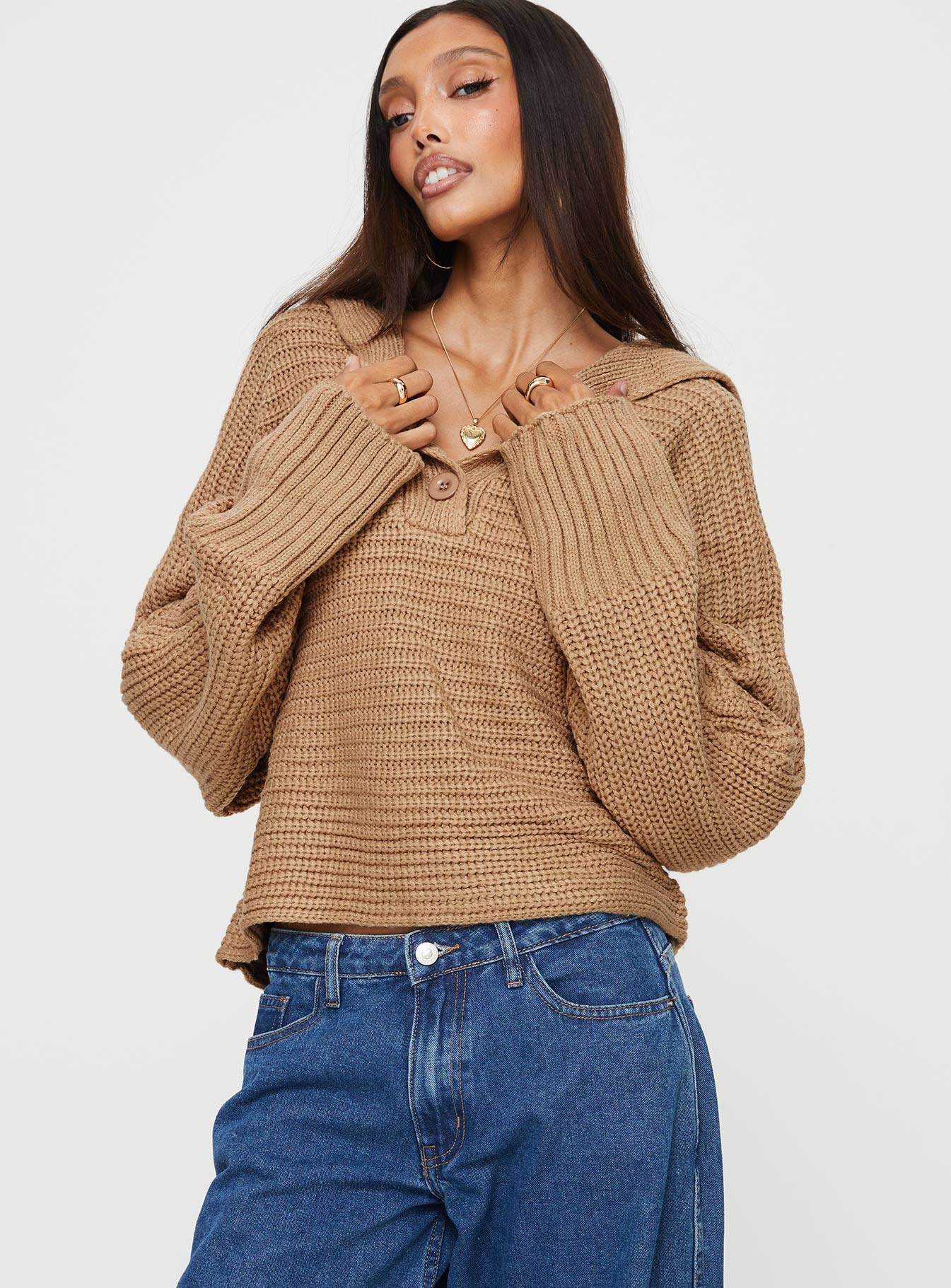 Praiano button front collared sweater latte