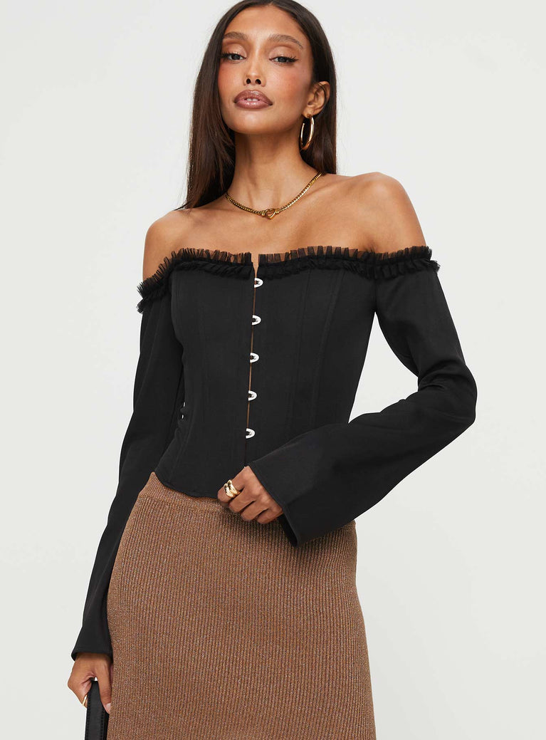 Black Off the shoulder Top Long sleeves slightly flared, boning throughout, frill trim around neckline