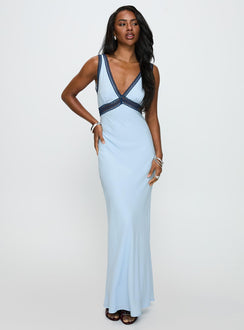 front view of model wearing Princess Polly Maelene Maxi Dress Blue V-Neck 