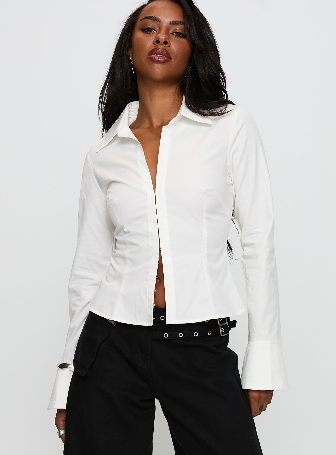 front view of model wearing Princess Polly By The Phone Long Sleeve Collared Top White Full Sleeves V-Neck 