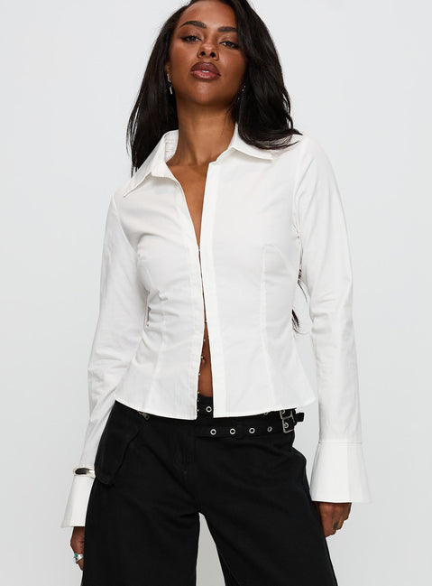 front view of model wearing Princess Polly By The Phone Long Sleeve Collared Top White Full Sleeves V-Neck 
