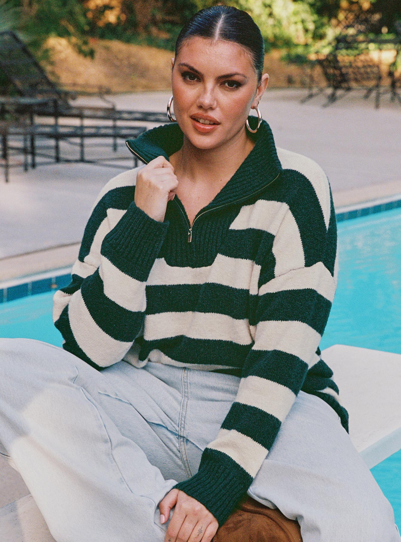 Neena Quarter Zip Sweater Green Cream Curve