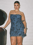 front view of model wearing Princess Polly Donelli Strapless Mini Dress Blue Curve Straight Neck 