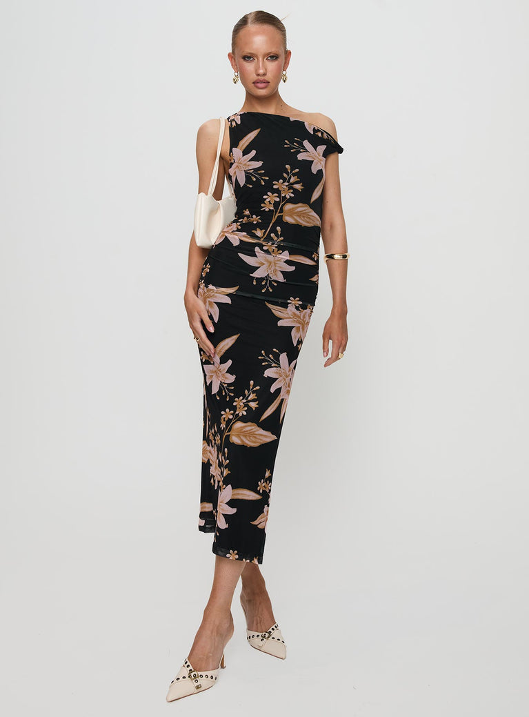 back view of model wearing Princess Polly Goldrush Maxi Dress Black Floral Asymmetric Neckline 