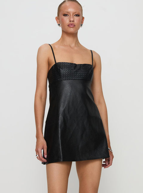 Isak Woven Faux Leather Mini Dress Black | Princess Polly Isak Woven Faux Leather Mini Dress Black | Princess Polly
