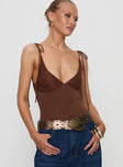 front view of model wearing Princess Polly Prichard Bodysuit Brown Sleeveless 