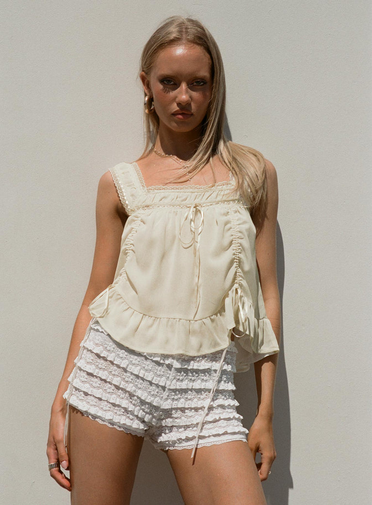 front view of model wearing Princess Polly Angelis Lace Shorts White High Waisted Shorts 