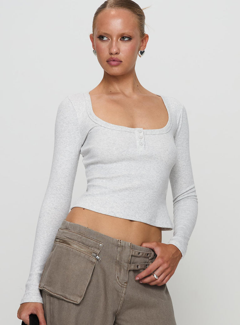 front view of model wearing Princess Polly Daphine Long Sleeve Top Grey Full Sleeves Scoop Neck 