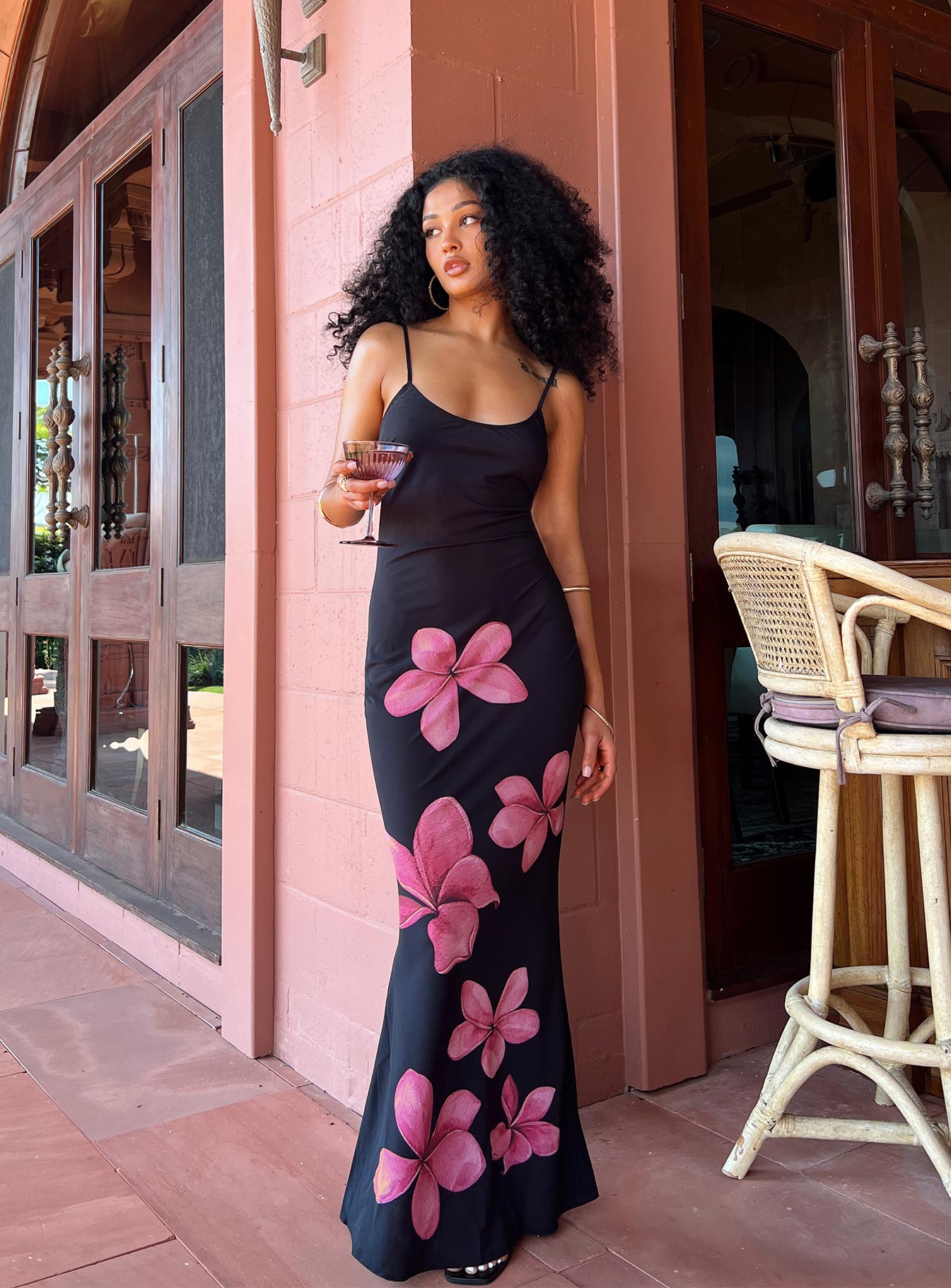 front view of model wearing Princess Polly Katrine Flower Maxi Dress Black Scoop Neck 