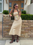 front view of model wearing Princess Polly Chrysa Strapless Maxi Dress Beige Straight Neck 