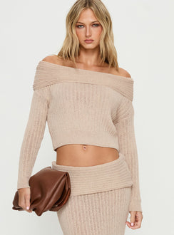 front view of model wearing Princess Polly Devion Foldover Knit Sweater Beige cropped 