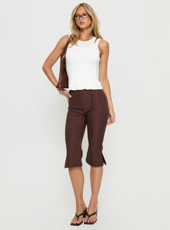 front view of model wearing Princess Polly Giorgie Belted Capri Pant Chocolate Brown High Rise Pants 